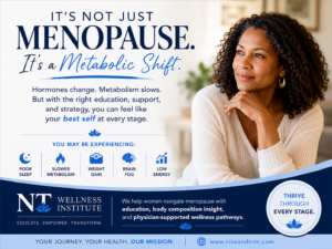 Educational graphic explaining how menopause affects metabolism, body composition, energy, sleep, and healthy aging in women over 40.